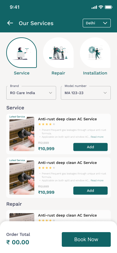 RO Care India: Explore and select a service